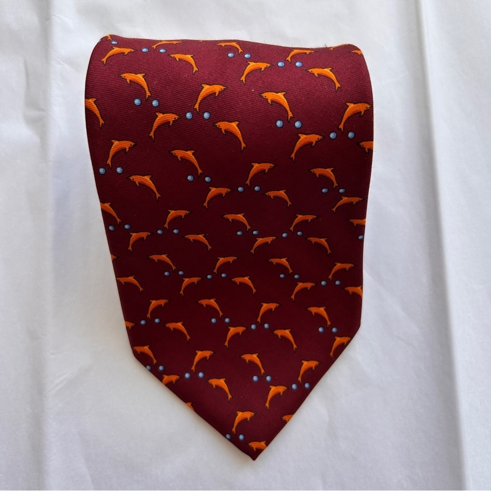 Brooks Brothers Burgandy Orange Blue DOLPHINS Silk Tie Italy USA 56”